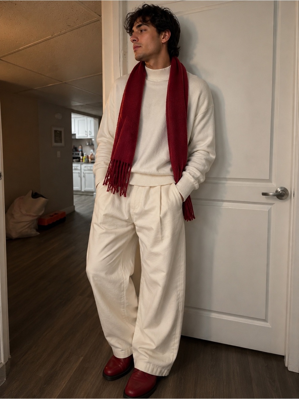 SHEIN Cream Crewneck Sweater with Red Scarf
